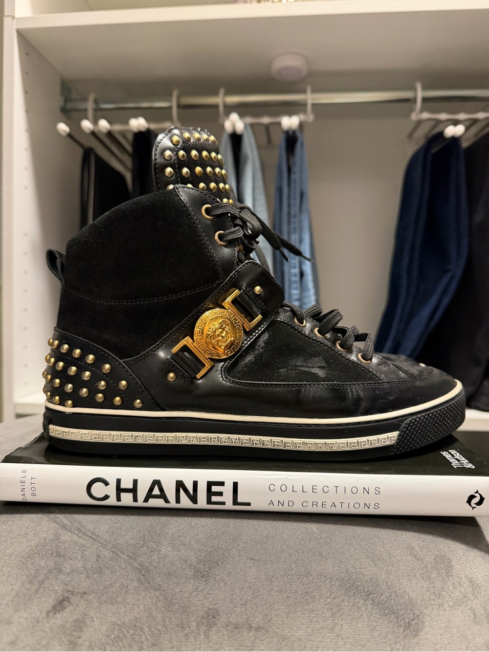 Versace Men’s Black and Gold High-Top Studded Sneakers